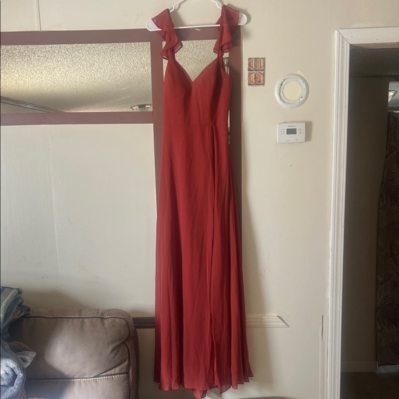 Azazie Burgundy Chiffon Gown - Picture 2 of 16